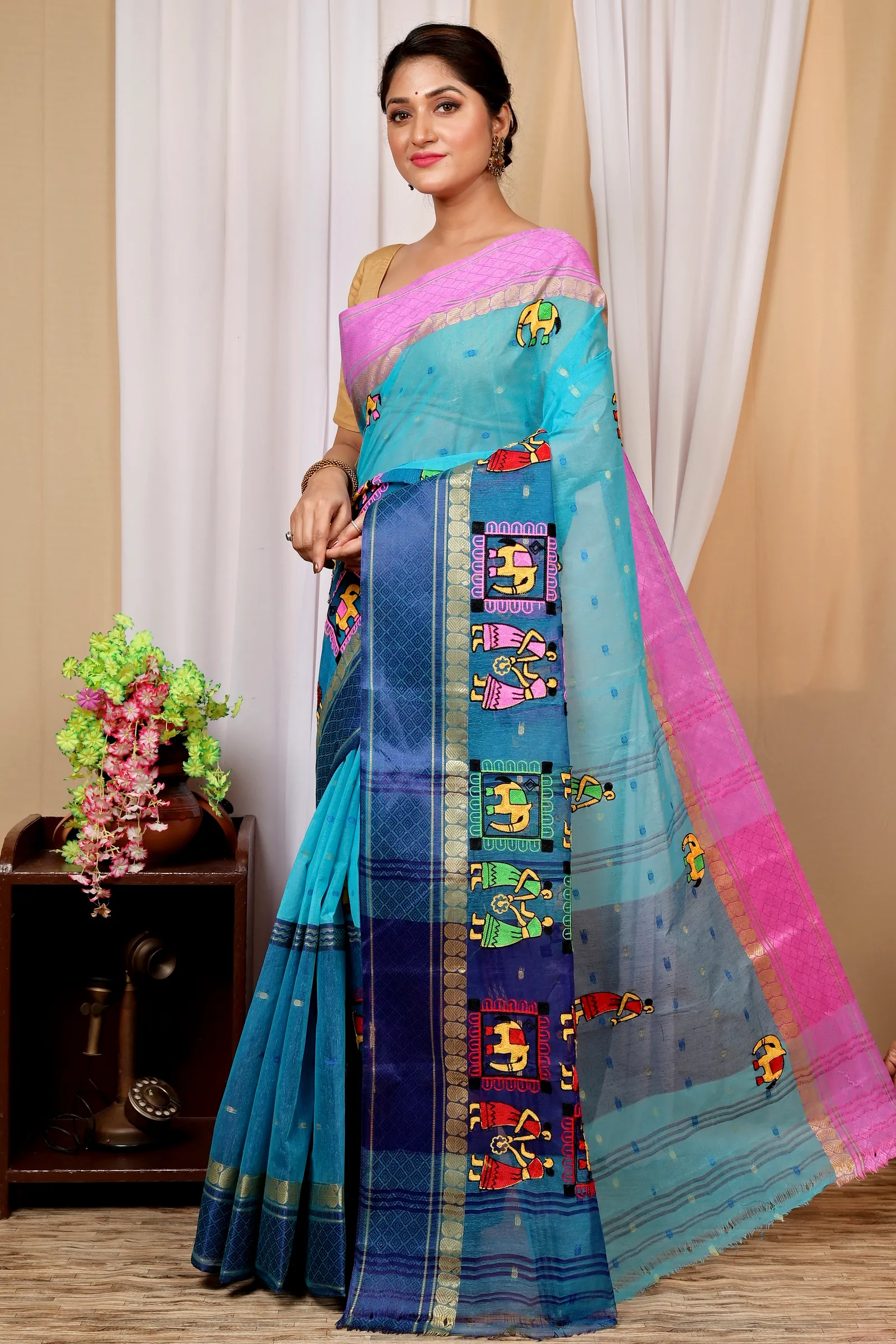 Sky Blue Pure Cotton Embi Ganga Gajo Tant Embroidery (1596)