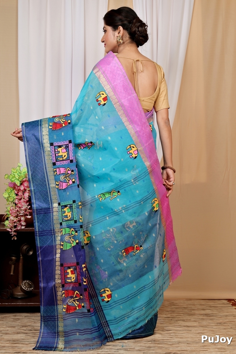 Sky Blue Pure Cotton Embi Ganga Gajo Tant Embroidery (1596)