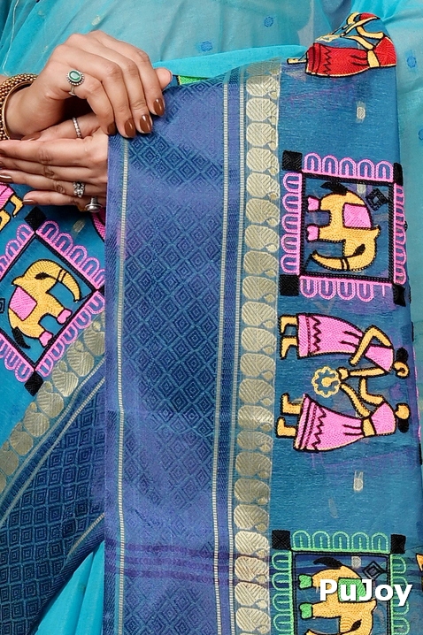 Sky Blue Pure Cotton Embi Ganga Gajo Tant Embroidery (1596)