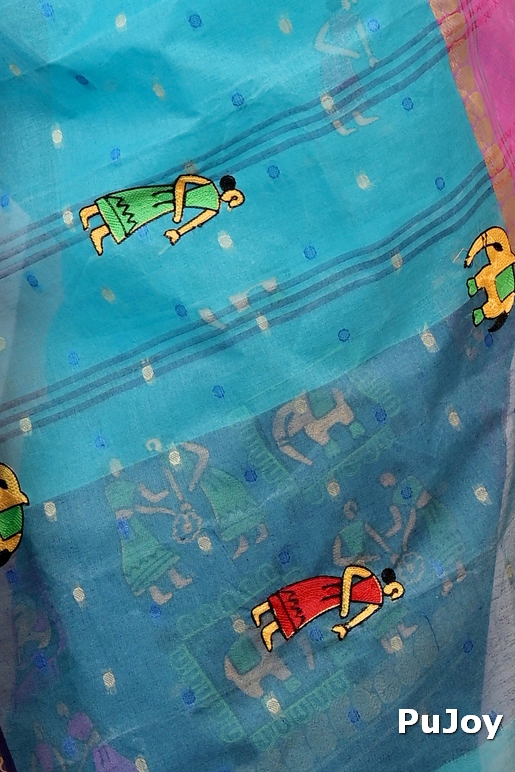 Sky Blue Pure Cotton Embi Ganga Gajo Tant Embroidery (1596)