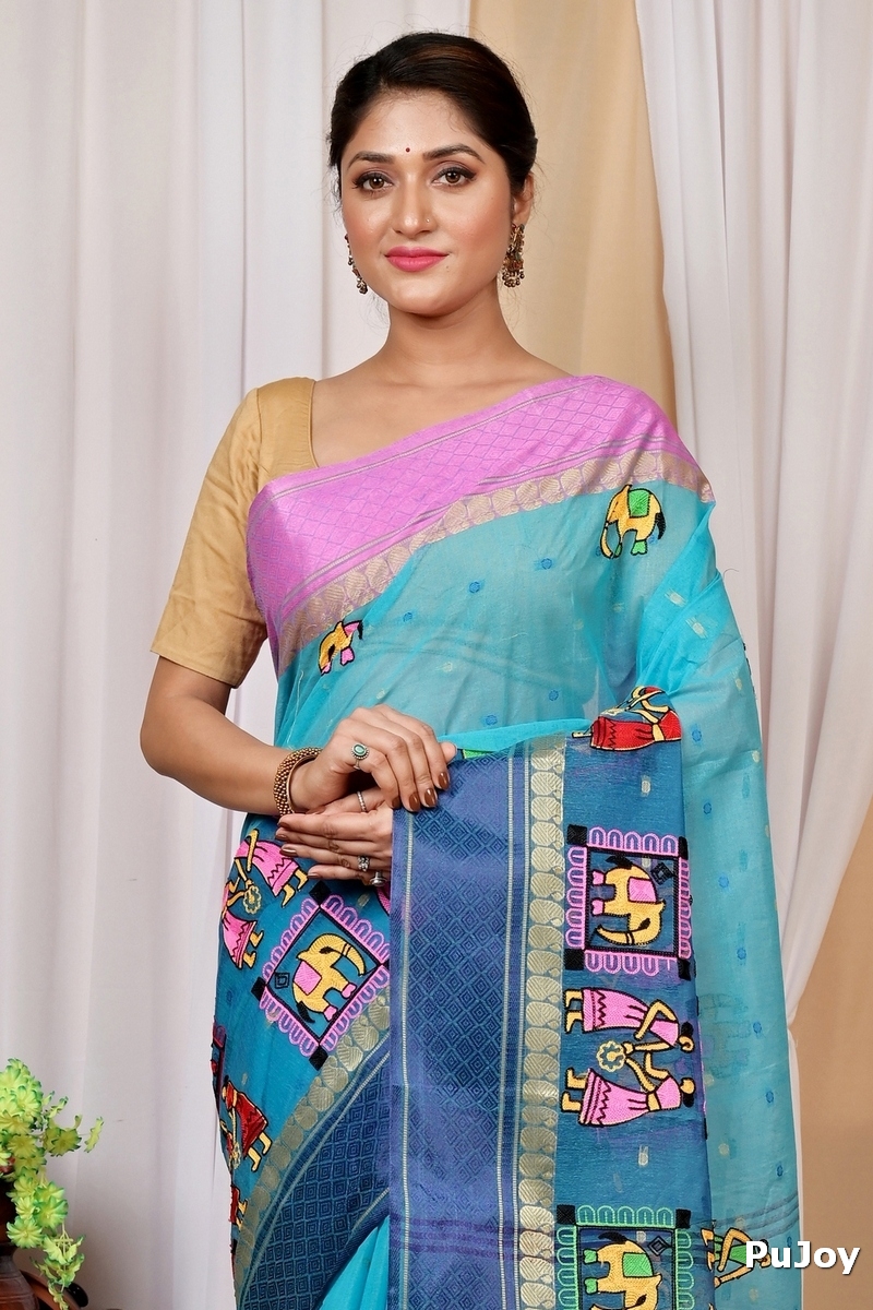Sky Blue Pure Cotton Embi Ganga Gajo Tant Embroidery (1596)