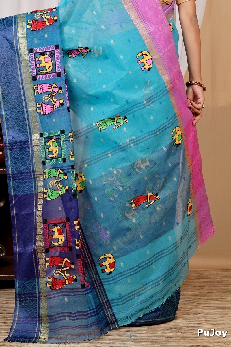 Sky Blue Pure Cotton Embi Ganga Gajo Tant Embroidery (1596)