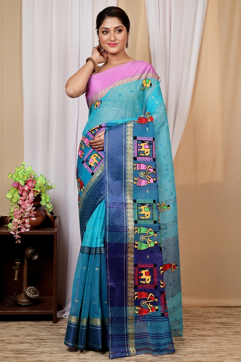 Sky Blue Pure Cotton Embi Ganga Gajo Tant Embroidery (1596)