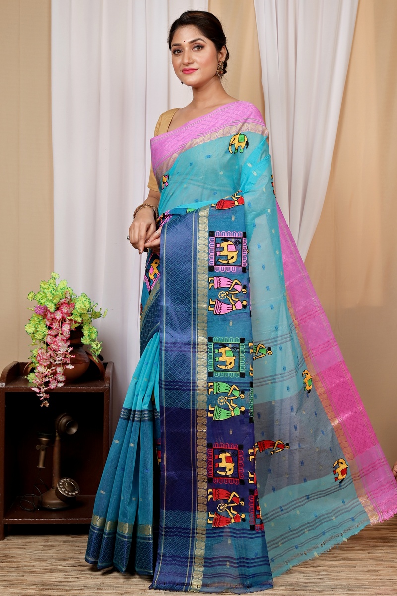 Sky Blue Pure Cotton Embi Ganga Gajo Tant Embroidery (1596)