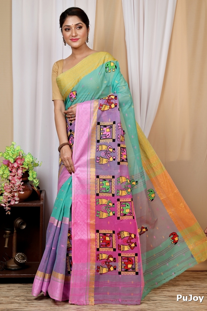 Green and Pink Pure Cotton Embi Ganga Gajo Tant Embroidery (1597)