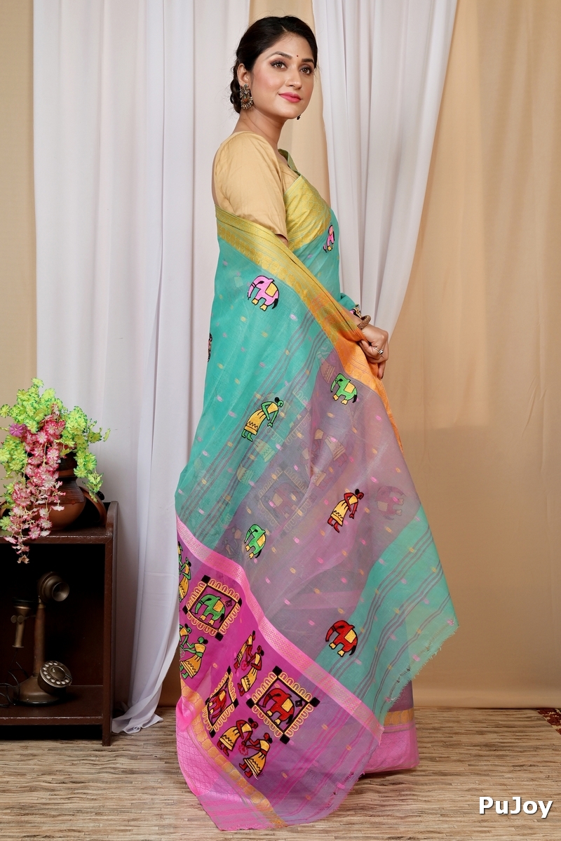 Green and Pink Pure Cotton Embi Ganga Gajo Tant Embroidery (1597)