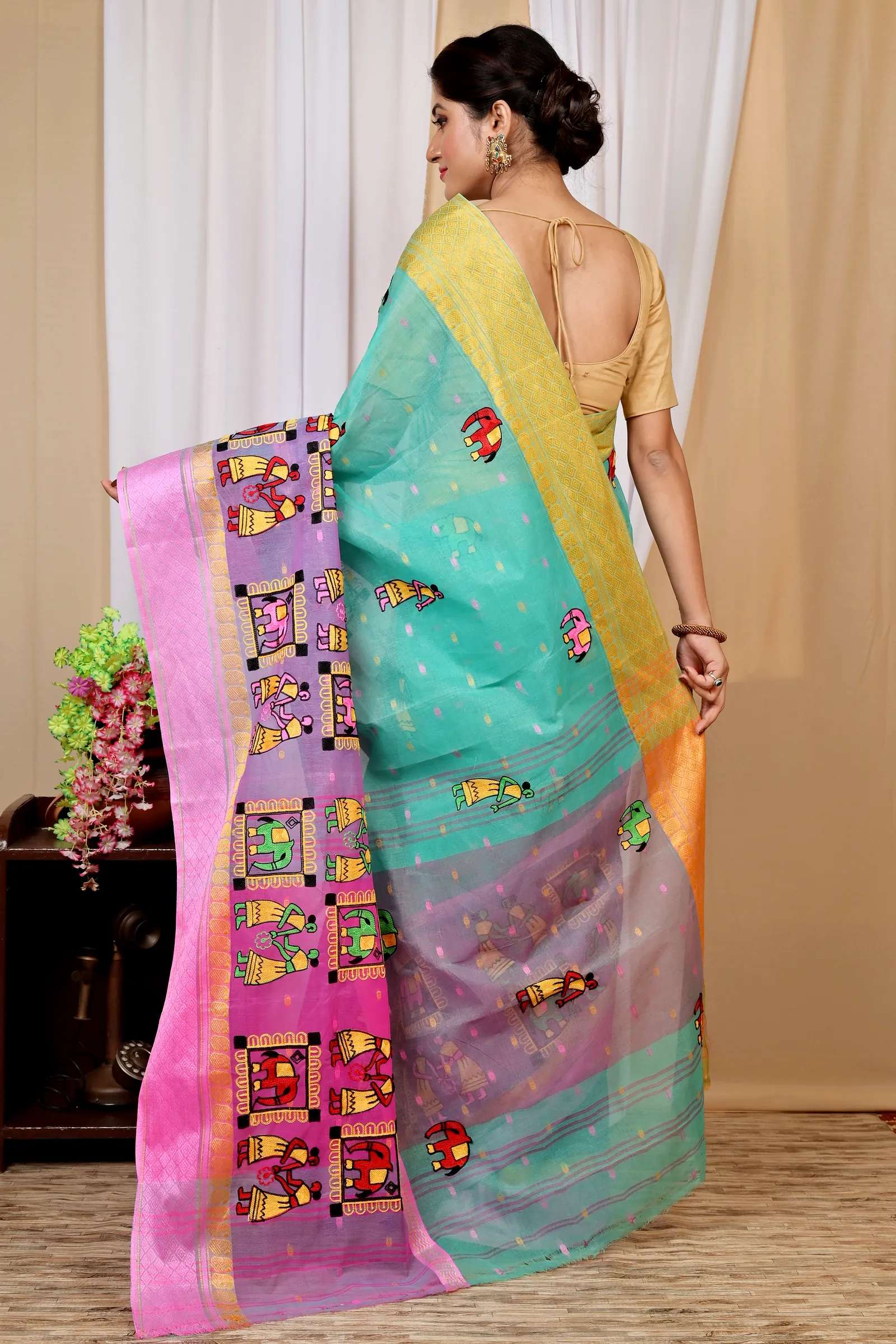 Green and Pink Pure Cotton Embi Ganga Gajo Tant Embroidery (1597)