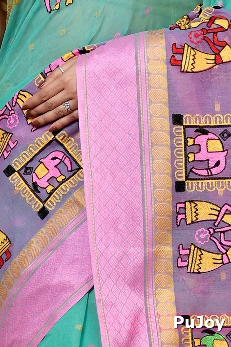 Green and Pink Pure Cotton Embi Ganga Gajo Tant Embroidery (1597)