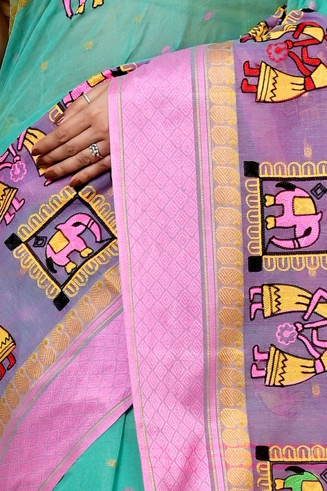 Green and Pink Pure Cotton Embi Ganga Gajo Tant Embroidery (1597)
