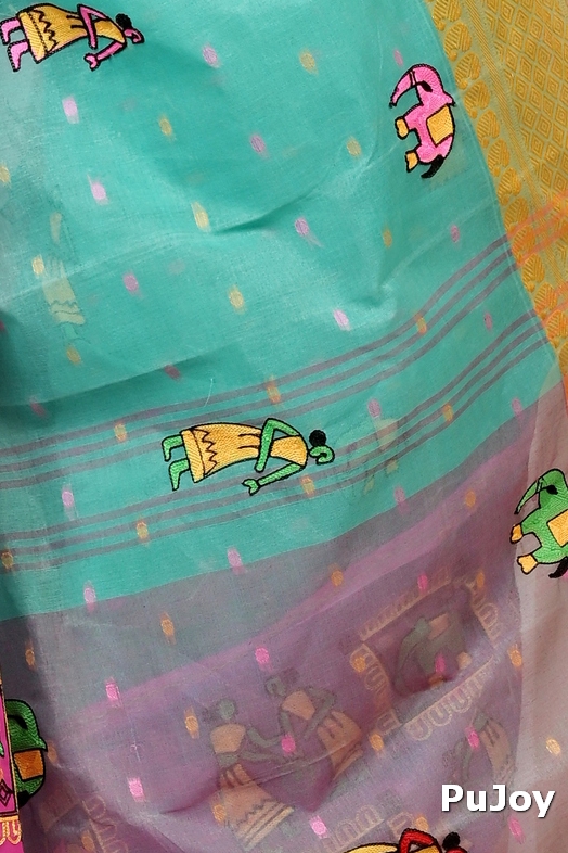 Green and Pink Pure Cotton Embi Ganga Gajo Tant Embroidery (1597)
