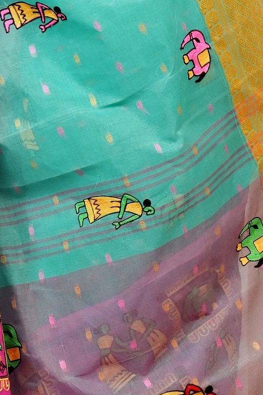 Green and Pink Pure Cotton Embi Ganga Gajo Tant Embroidery (1597)