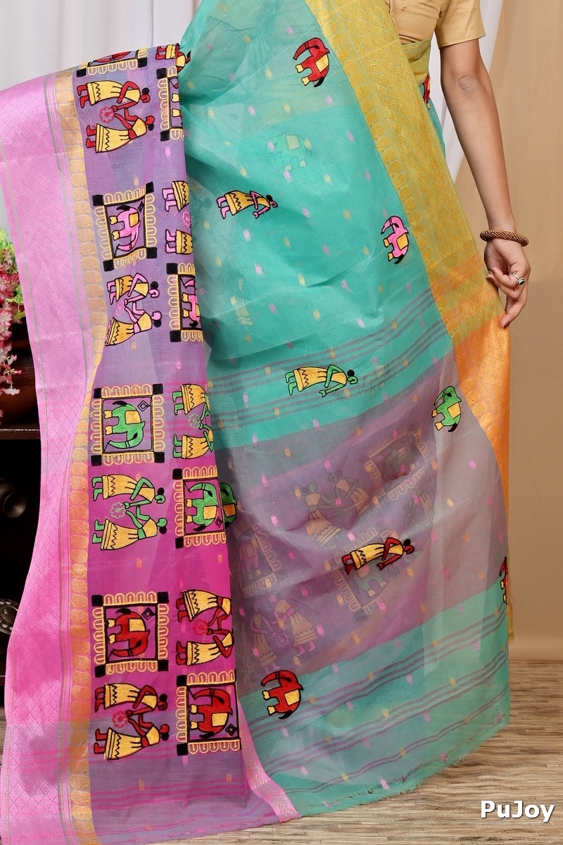 Green and Pink Pure Cotton Embi Ganga Gajo Tant Embroidery (1597)