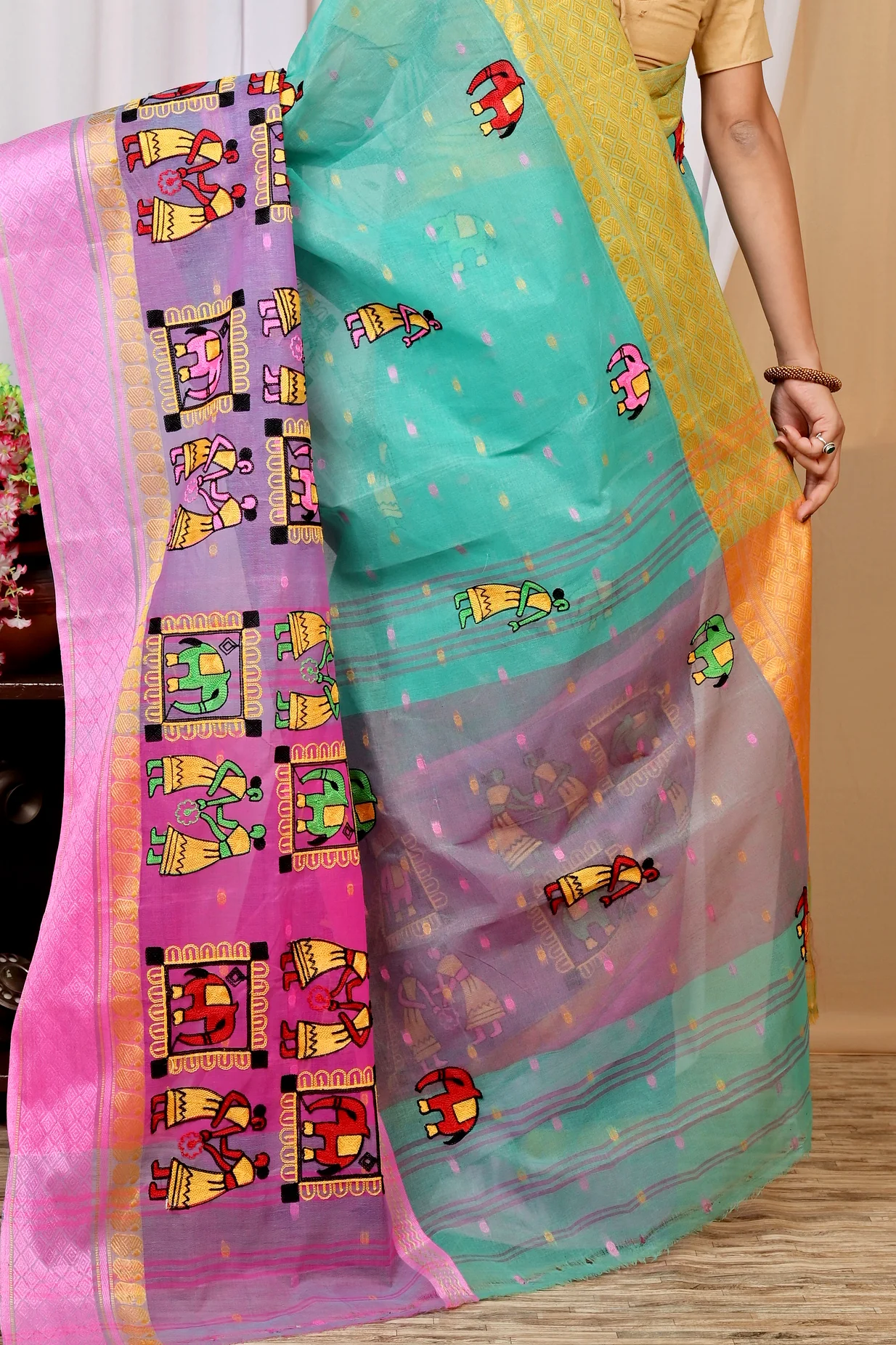 Green and Pink Pure Cotton Embi Ganga Gajo Tant Embroidery (1597)