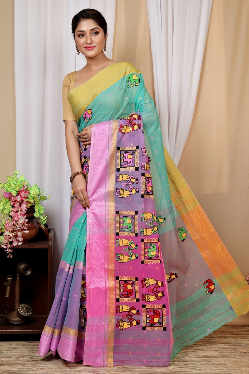 Green and Pink Pure Cotton Embi Ganga Gajo Tant Embroidery (1597)