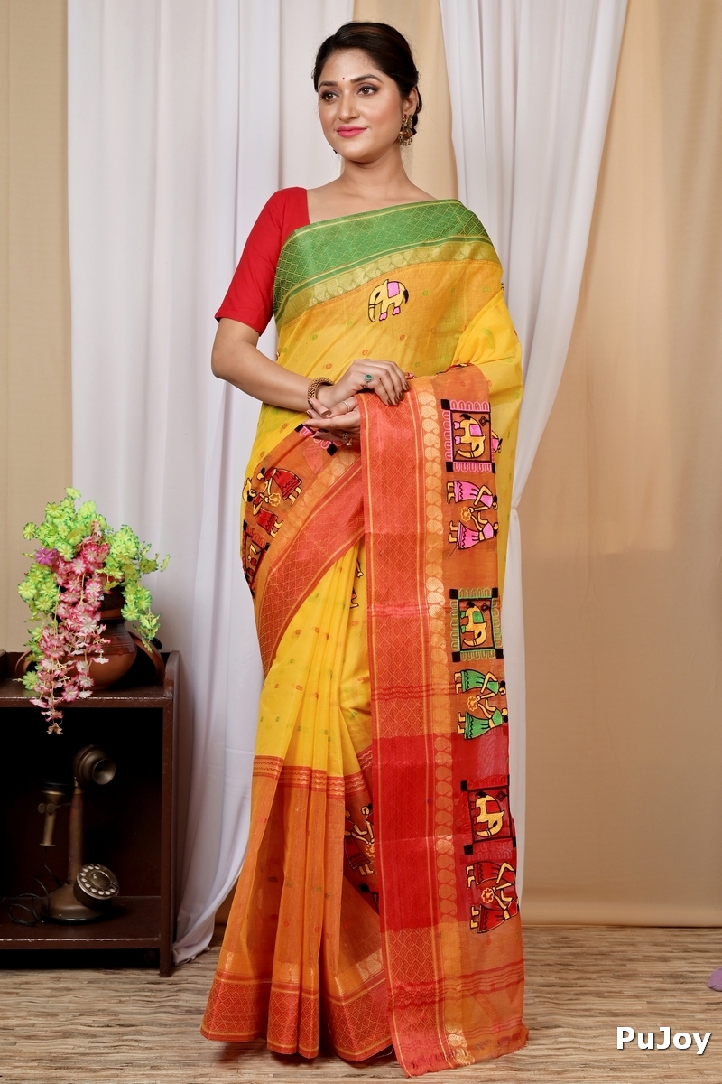 Yellow and Red Pure Cotton Embi Ganga Gajo Tant Embroidery (1598)