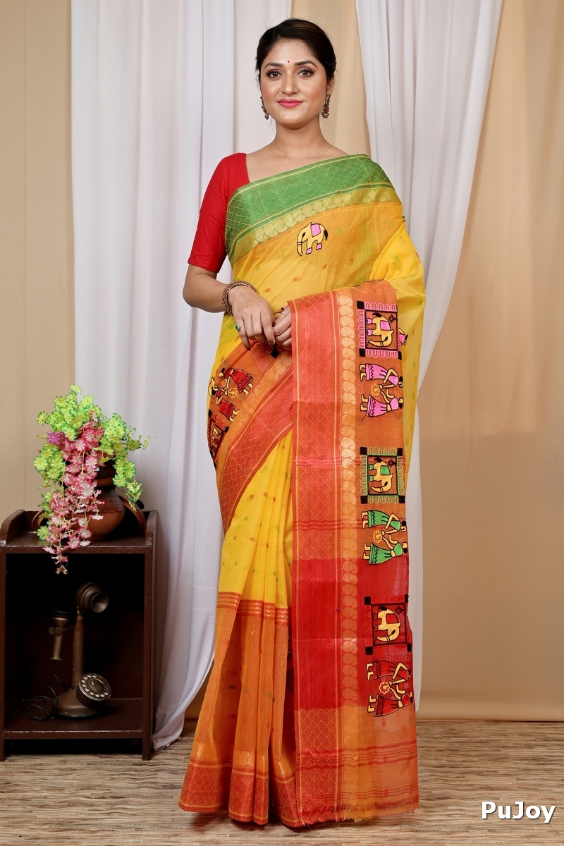 Yellow and Red Pure Cotton Embi Ganga Gajo Tant Embroidery (1598)