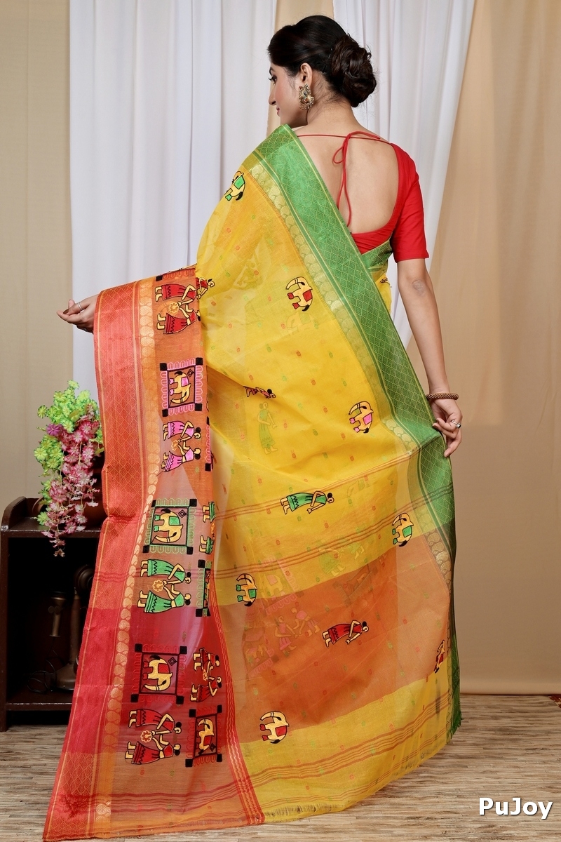 Yellow and Red Pure Cotton Embi Ganga Gajo Tant Embroidery (1598)