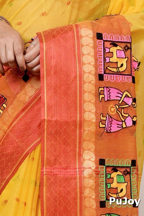 Yellow and Red Pure Cotton Embi Ganga Gajo Tant Embroidery (1598)