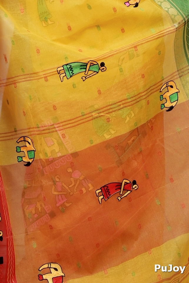 Yellow and Red Pure Cotton Embi Ganga Gajo Tant Embroidery (1598)