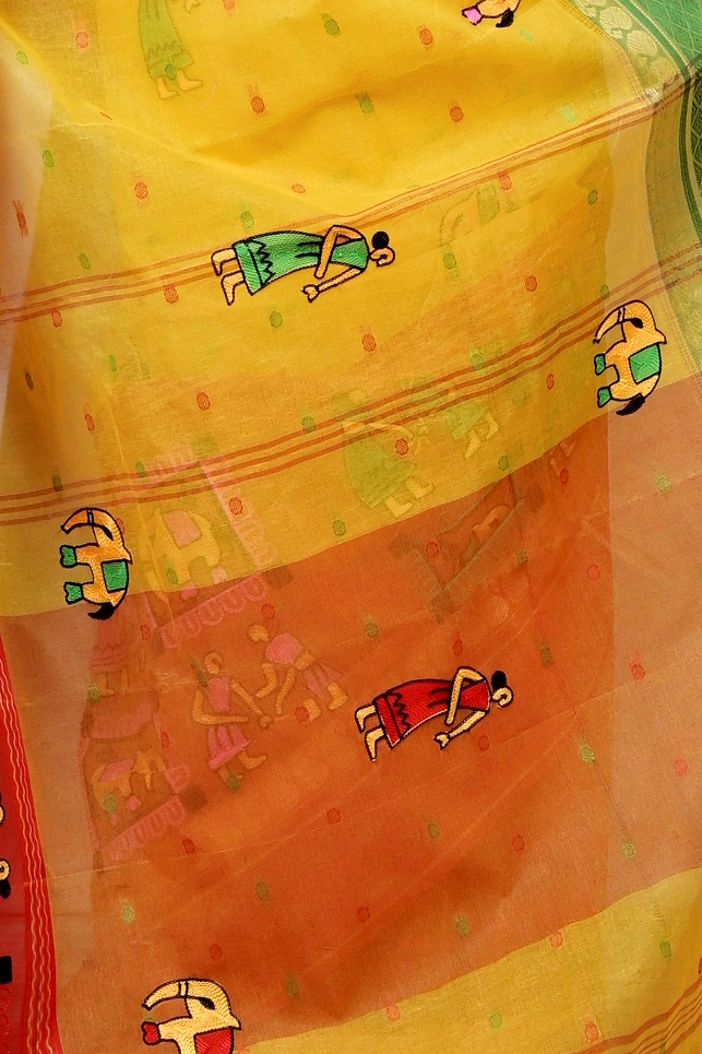 Yellow and Red Pure Cotton Embi Ganga Gajo Tant Embroidery (1598)