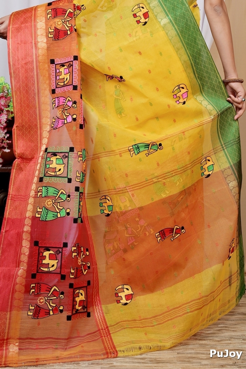 Yellow and Red Pure Cotton Embi Ganga Gajo Tant Embroidery (1598)