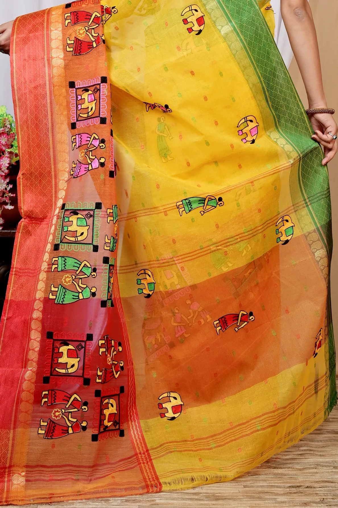 Yellow and Red Pure Cotton Embi Ganga Gajo Tant Embroidery (1598)