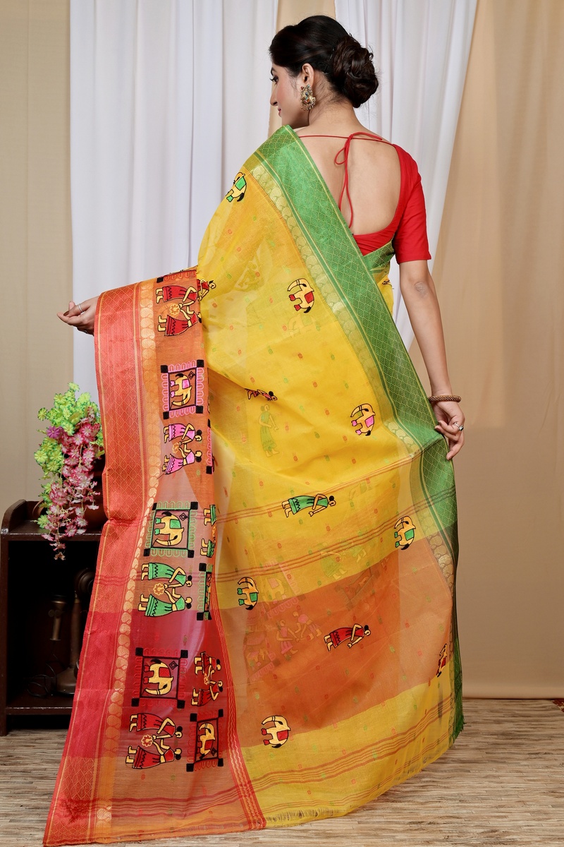 Yellow and Red Pure Cotton Embi Ganga Gajo Tant Embroidery (1598)