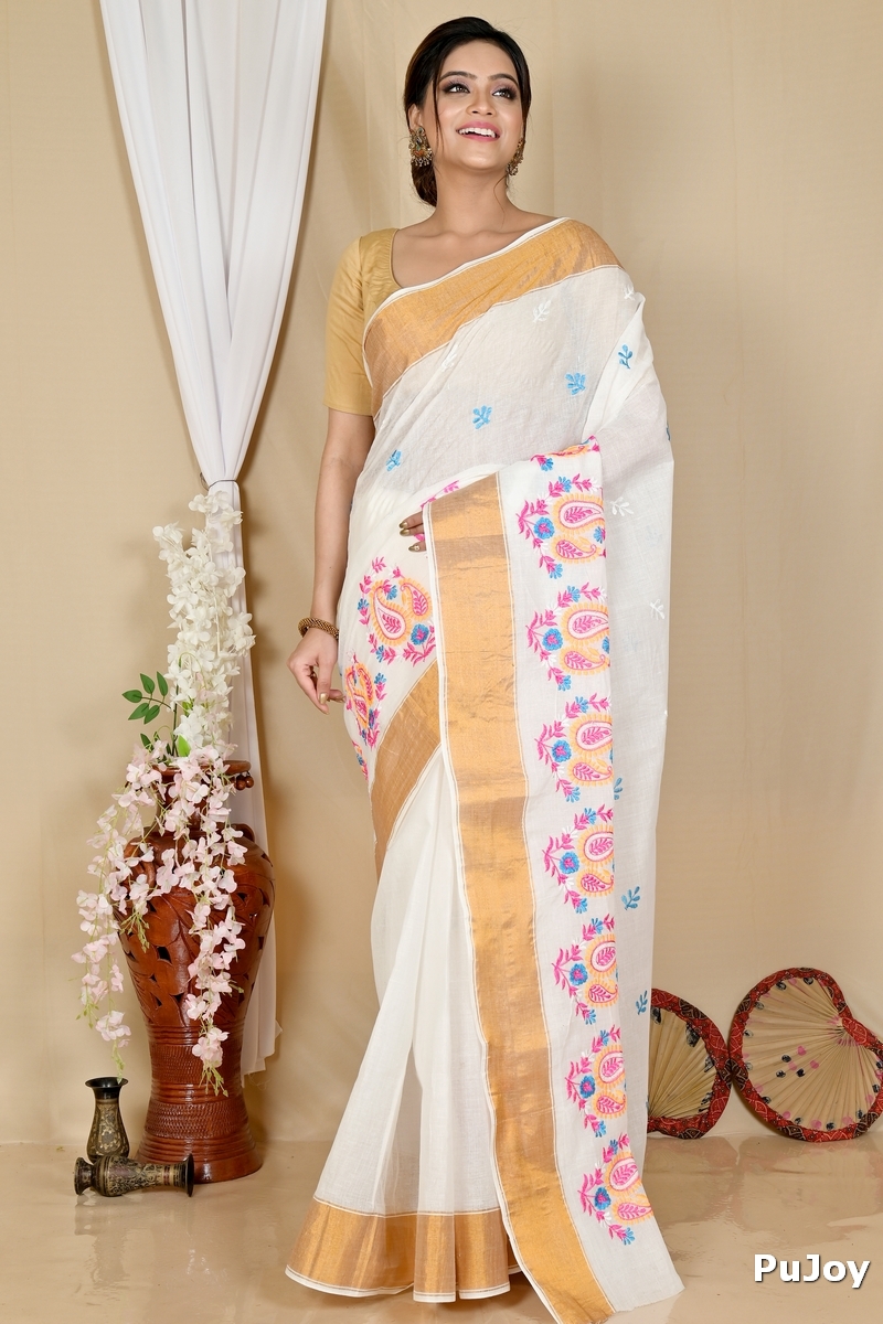 White Pure Cotton Askiti Tant Embroidery (1599)