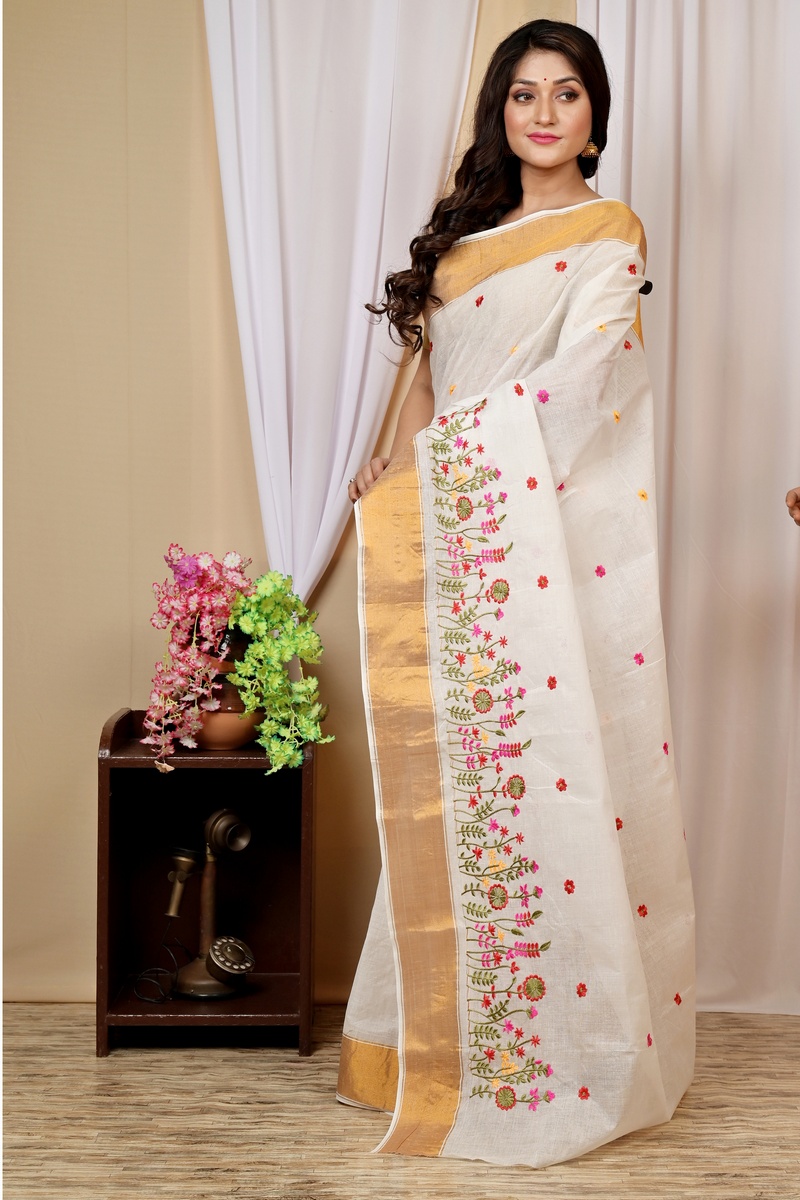 White Gold Pure Cotton Askiti Tant Embroidery (1600)