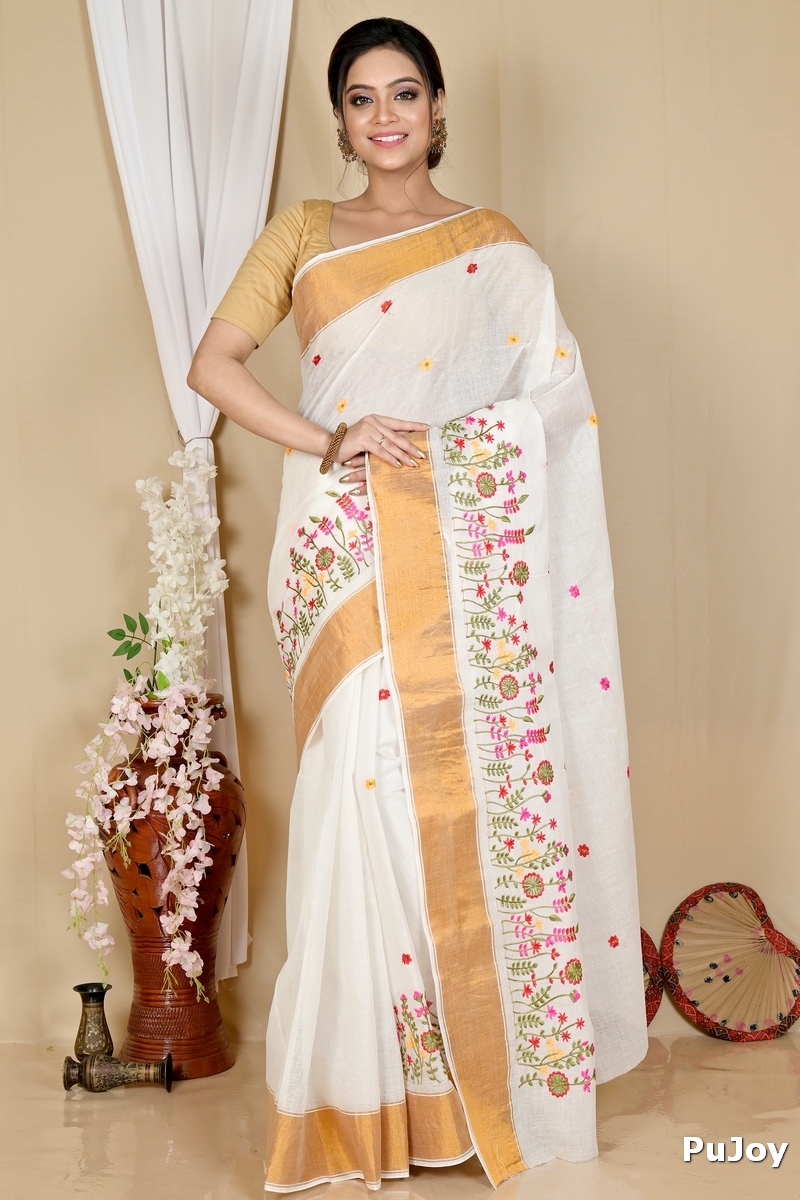 White Gold Pure Cotton Askiti Tant Embroidery (1600)