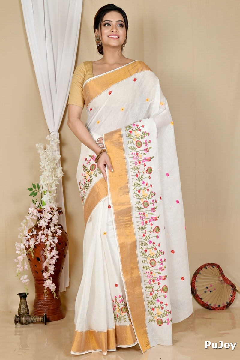 White Gold Pure Cotton Askiti Tant Embroidery (1600)