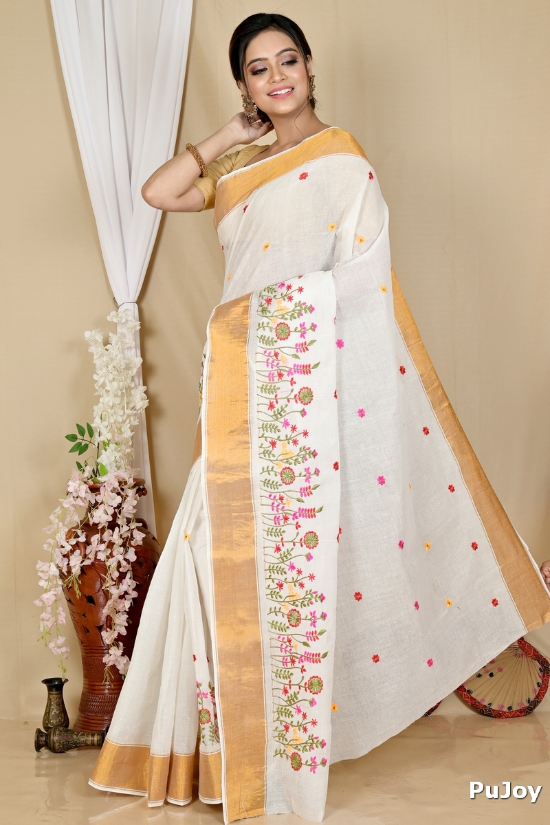 White Gold Pure Cotton Askiti Tant Embroidery (1600)