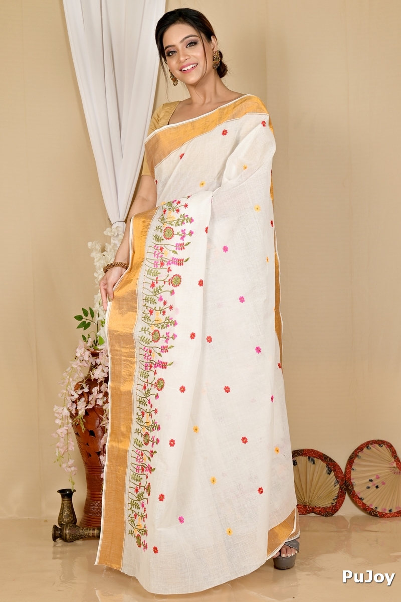 White Gold Pure Cotton Askiti Tant Embroidery (1600)