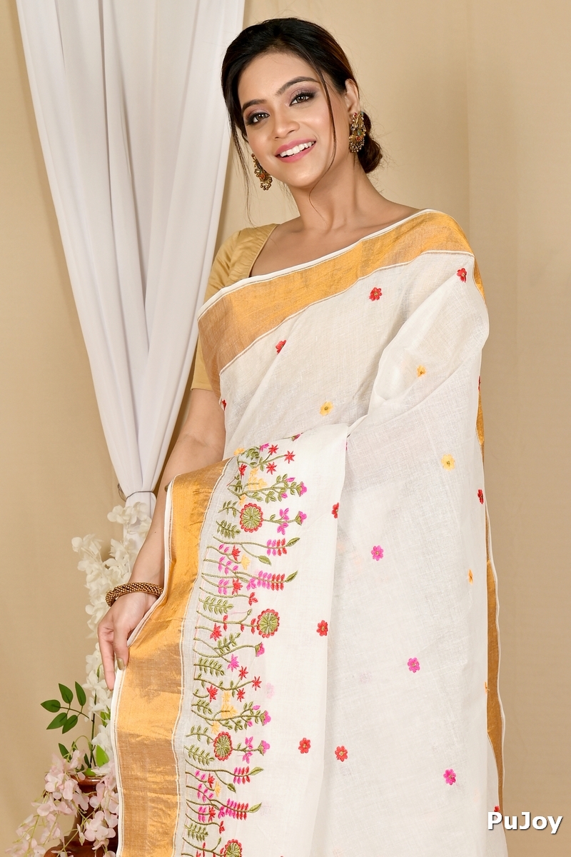 White Gold Pure Cotton Askiti Tant Embroidery (1600)