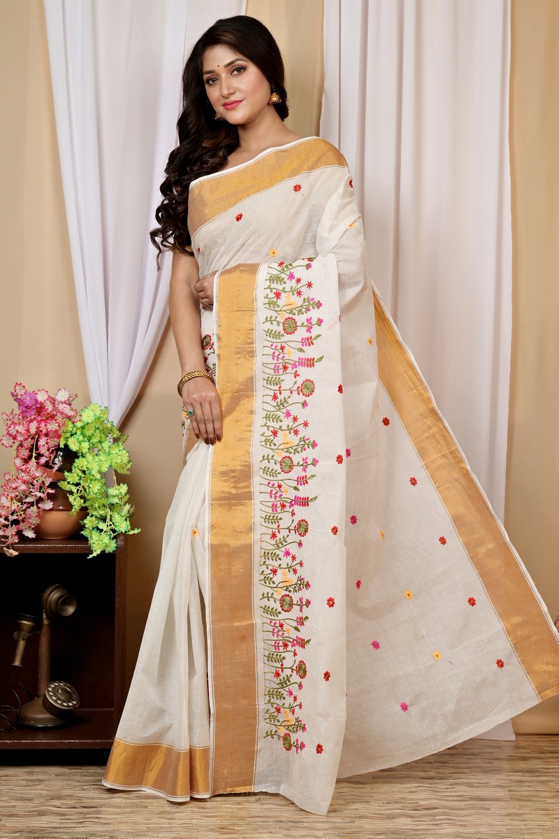 White Gold Pure Cotton Askiti Tant Embroidery (1600)