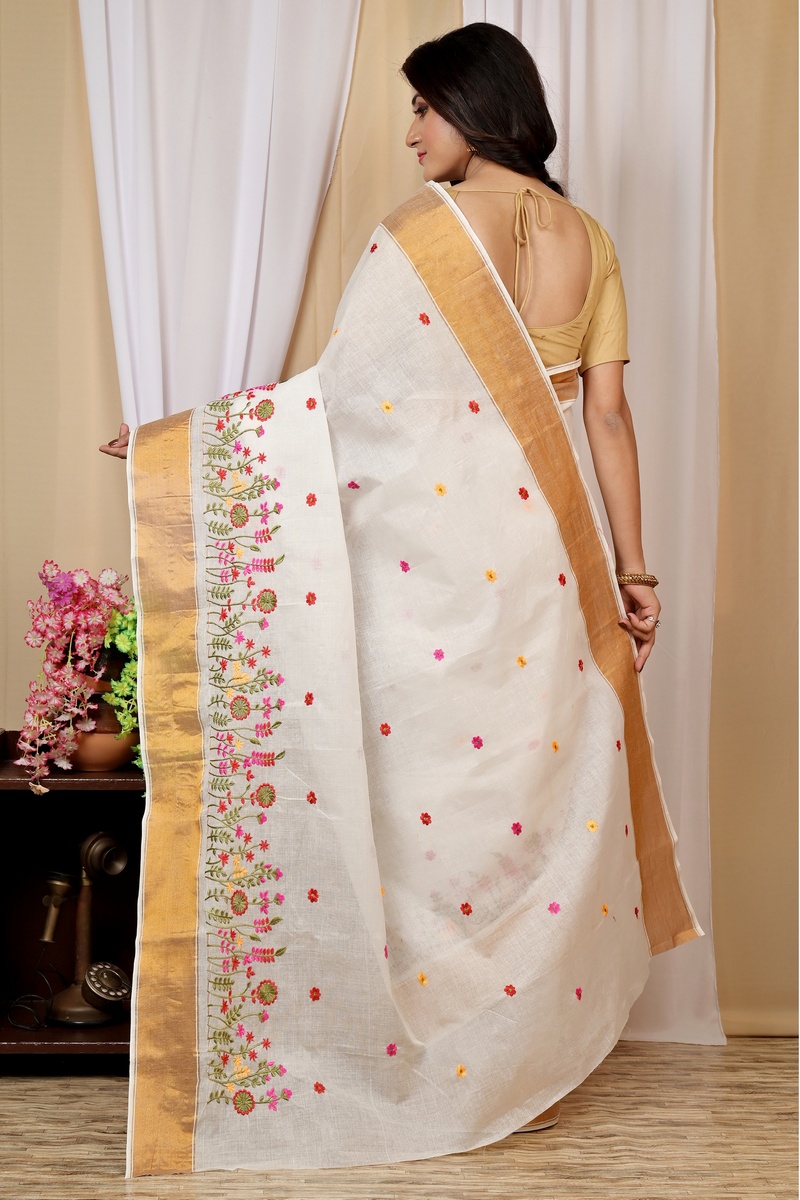 White Gold Pure Cotton Askiti Tant Embroidery (1600)