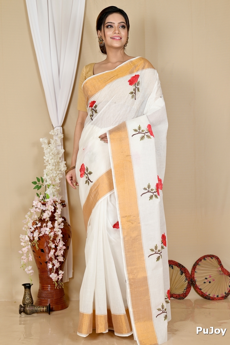 White Red Pure Cotton Askiti Tant Embroidery (1601)