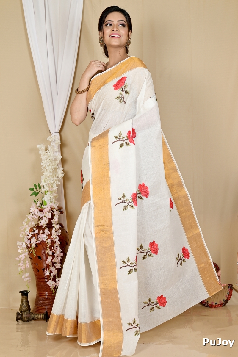 White Red Pure Cotton Askiti Tant Embroidery (1601)