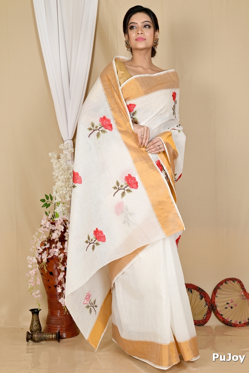 White Red Pure Cotton Askiti Tant Embroidery (1601)