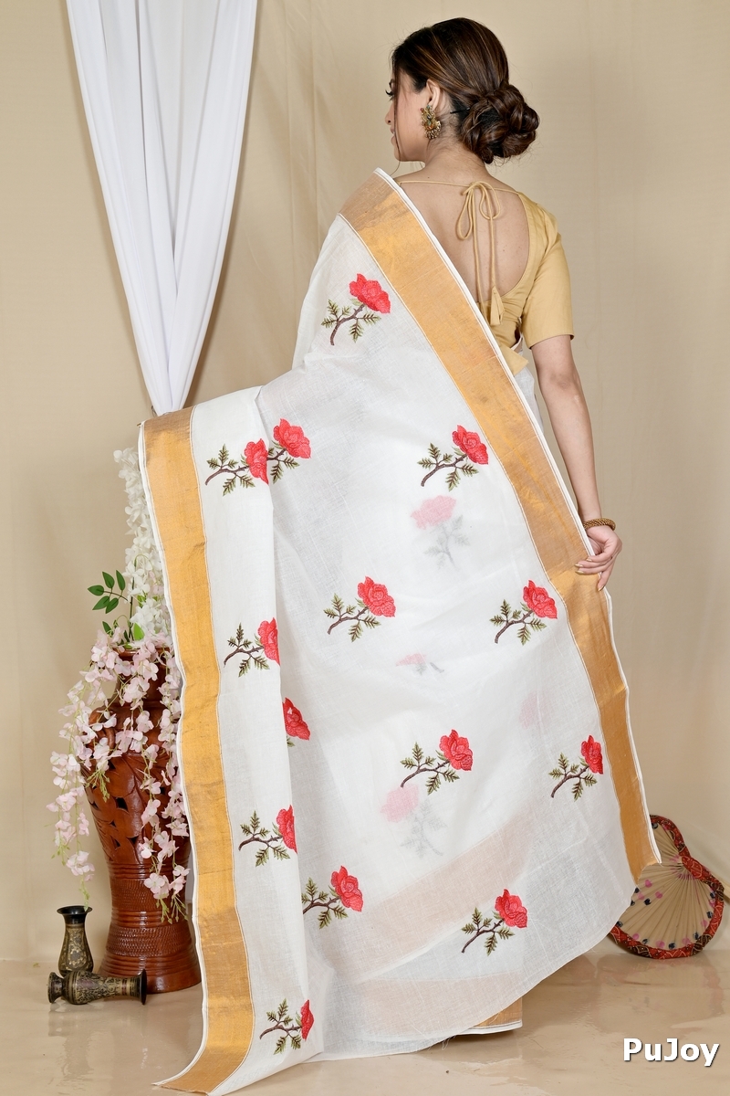 White Red Pure Cotton Askiti Tant Embroidery (1601)