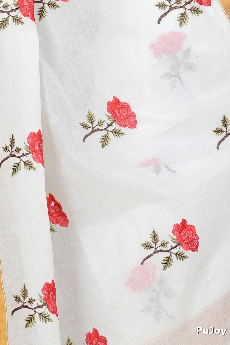 White Red Pure Cotton Askiti Tant Embroidery (1601)