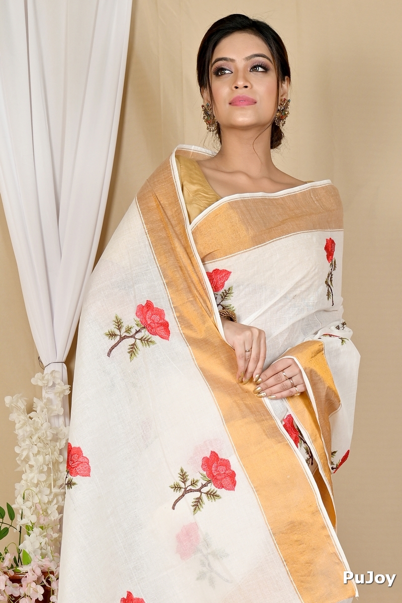 White Red Pure Cotton Askiti Tant Embroidery (1601)