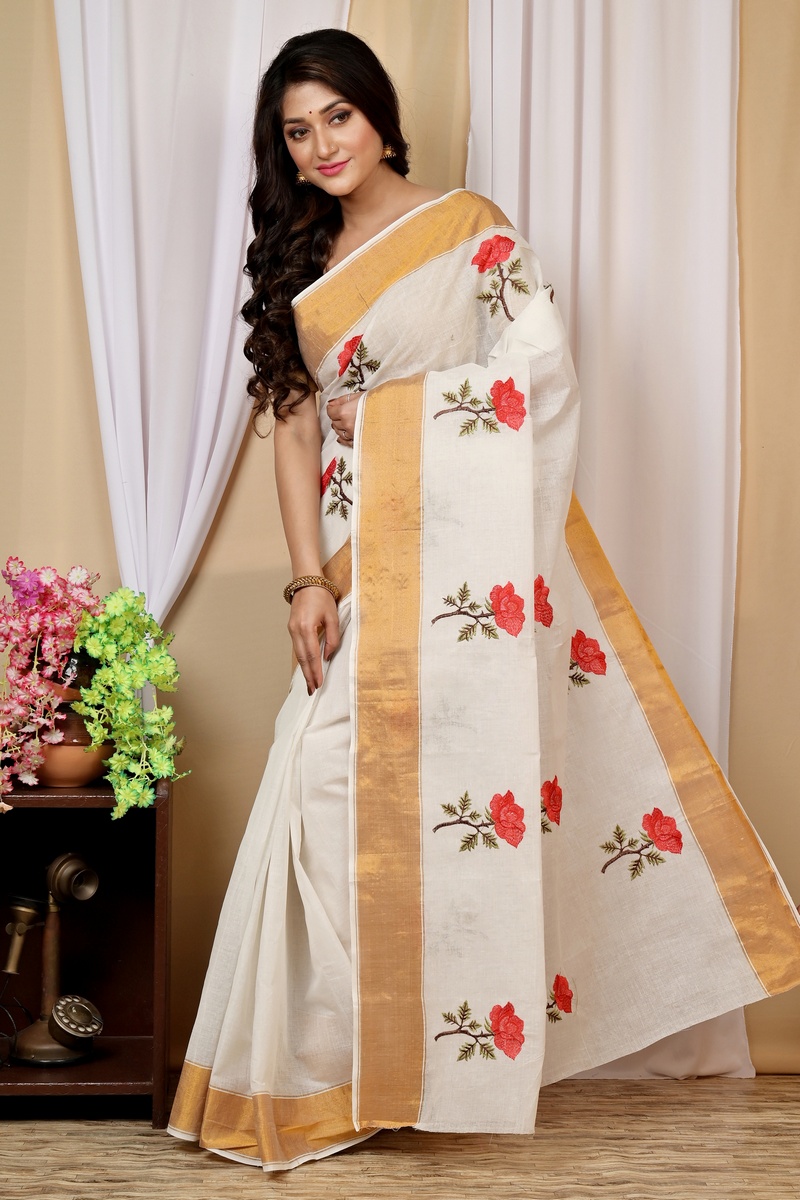 White Red Pure Cotton Askiti Tant Embroidery (1601)