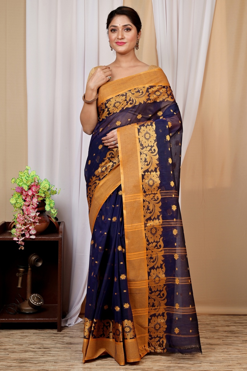 Dark Blue Pure Cotton Heruka Tant Saree (1602)