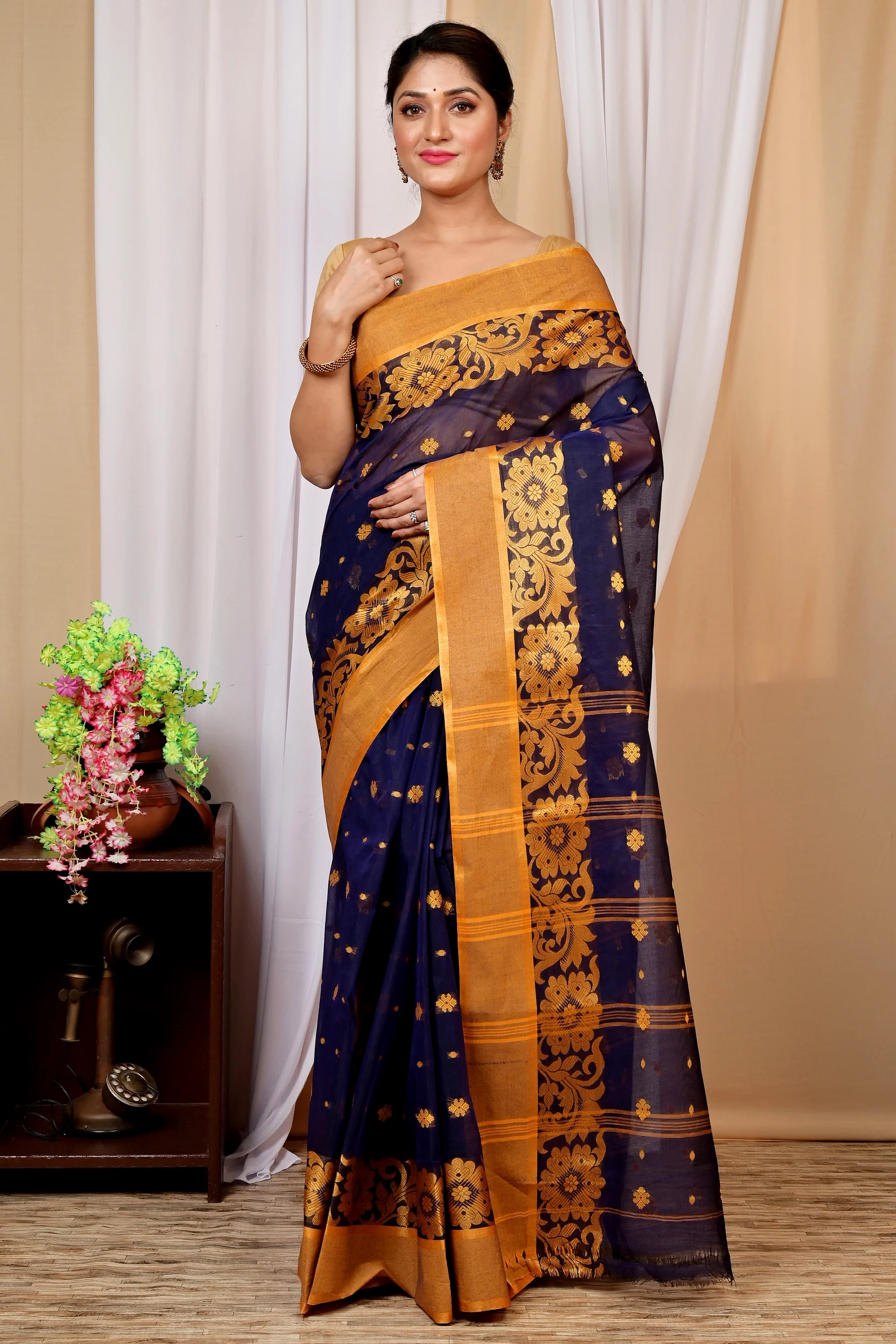 Dark Blue Pure Cotton Heruka Tant Saree (1602)