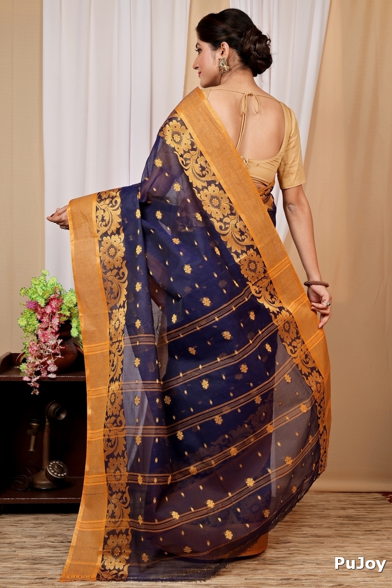 Dark Blue Pure Cotton Heruka Tant Saree (1602)