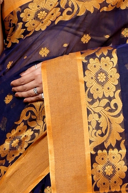 Dark Blue Pure Cotton Heruka Tant Saree (1602)