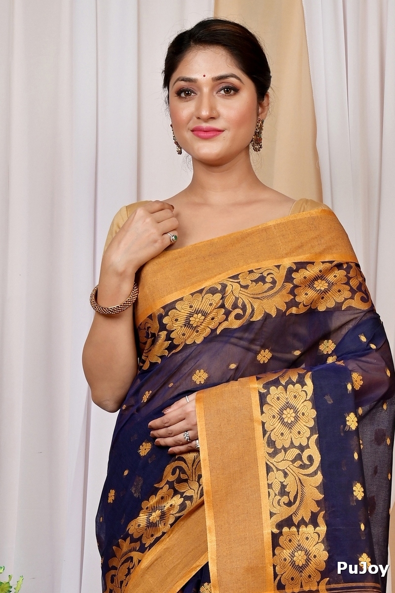Dark Blue Pure Cotton Heruka Tant Saree (1602)
