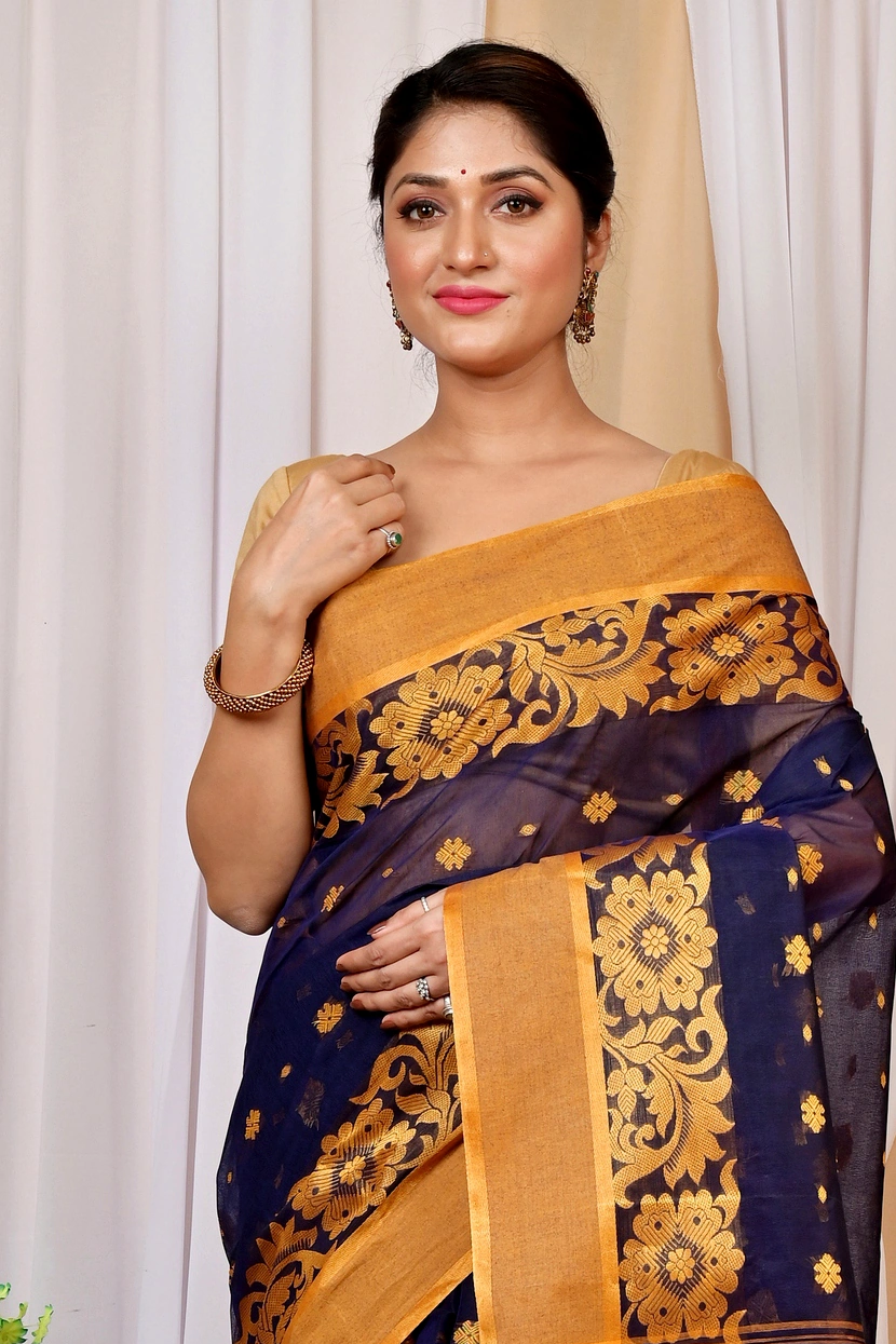 Dark Blue Pure Cotton Heruka Tant Saree (1602)
