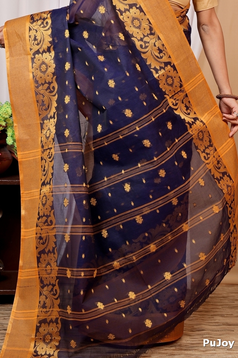 Dark Blue Pure Cotton Heruka Tant Saree (1602)